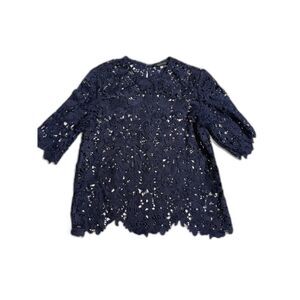 Zara Navy Blue Guipure Lace Top Elbow Sleeve Sheer Crochet Blouse XS EUC
